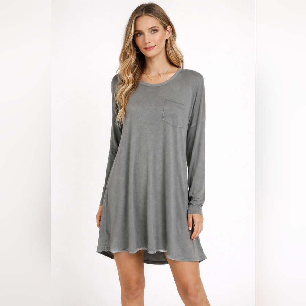 Umgee Gray Long Sleeve A-Line Scoop Neck Raw Seam Relaxed Dress